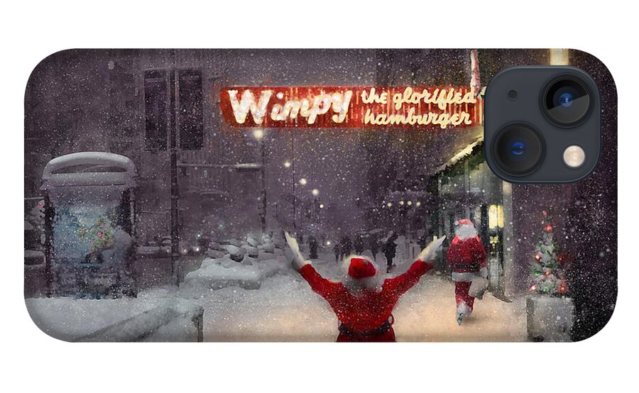 Chicago Loop iPhone 13 Case featuring the digital art Volunteer Santas in Chicago find a Wimpy Grill for dinner by Glenn Galen