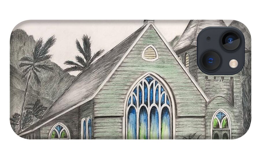 Waioli Huiia iPhone 13 Case featuring the drawing Waioli Huiia Church by Gregory Lee
