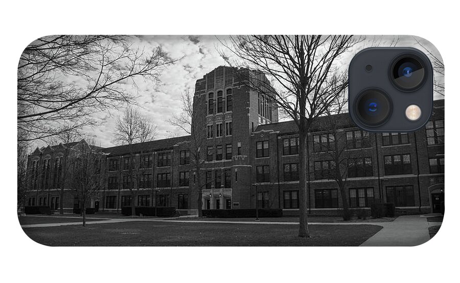 Central Michigan University Chippewas iPhone 13 Case featuring the photograph Warriner Hall at Central Michigan University black and white by Eldon McGraw