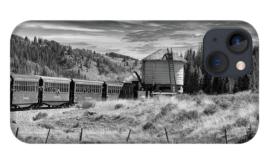 Train iPhone 13 Case featuring the photograph Water Stop in Black and White by Steve Templeton