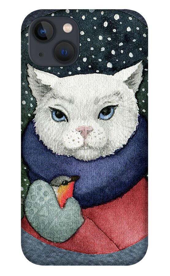 Cat iPhone 13 Case featuring the painting Watercolor Cat Winter Christmas Holiday by Modern Art
