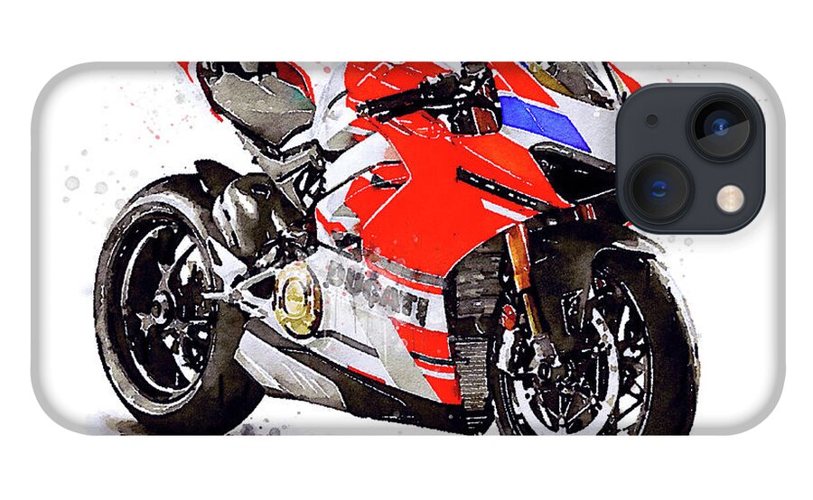 Sport iPhone 13 Case featuring the painting Watercolor Ducati Panigale V4S motorcycle, oryginal artwork by Vart by Vart Studio