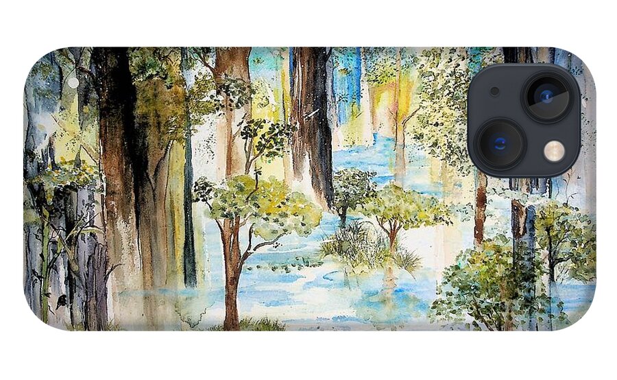 Landscape iPhone 13 Case featuring the painting Watercolor Fantasy Landscape 2 greens and blues by Valerie Shaffer