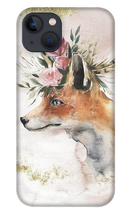 Watercolor Fox iPhone 13 Case featuring the painting Watercolor Fox With Flowers And Gold by Garden Of Delights