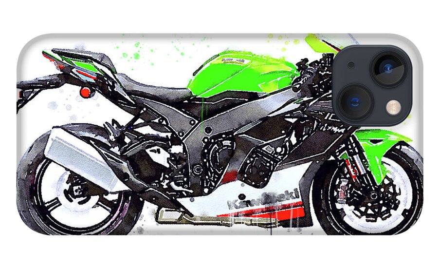 Sport iPhone 13 Case featuring the painting Watercolor Kawasaki Ninja ZX10R motorcycle - oryginal artwork by Vart. by Vart Studio