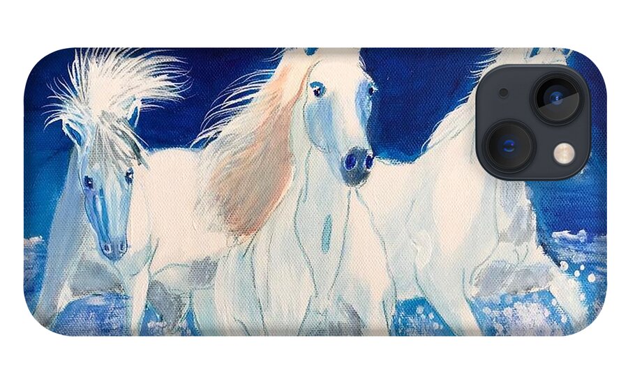 Pets iPhone 13 Case featuring the painting White Horses on Beach by Kathie Camara