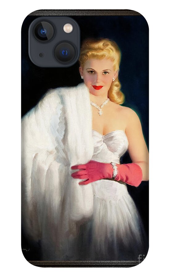 Blonde iPhone 13 Case featuring the painting White Mink and Diamonds by Art Frahm Sophisticated Pin-Up Girl Vintage Artwork by Rolando Burbon