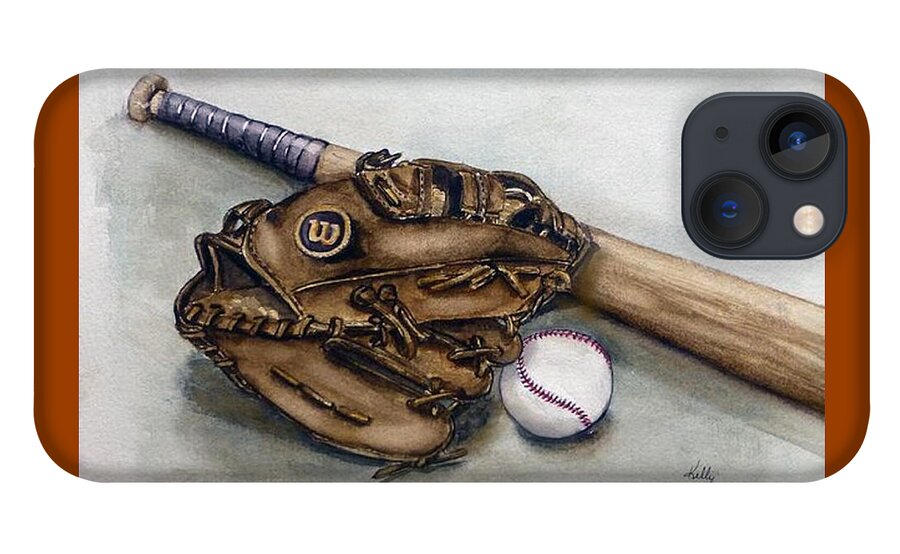 Major League Baseball iPhone 13 Case featuring the painting Wilson Baseball Glove and Bat by Kelly Mills