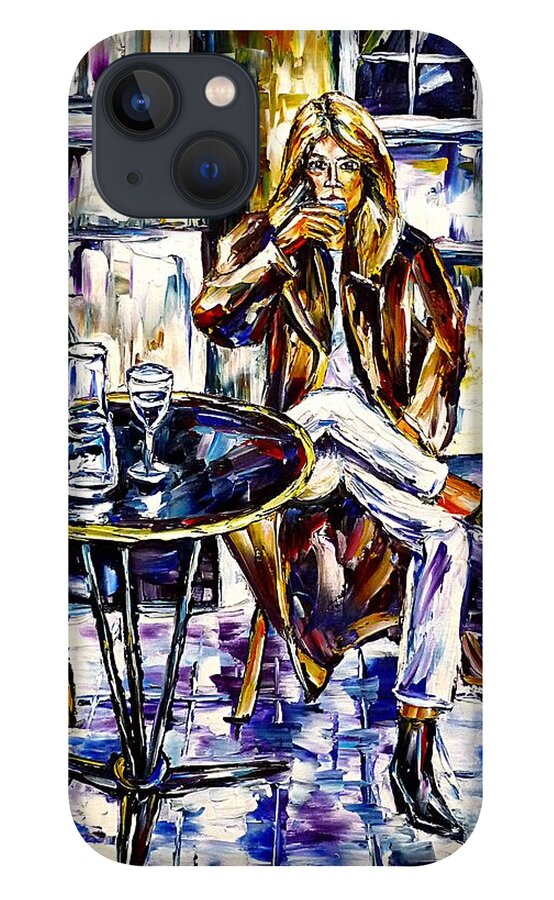 Sitting In The Cafe iPhone 13 Case featuring the painting Woman In A Sreet Cafe by Mirek Kuzniar