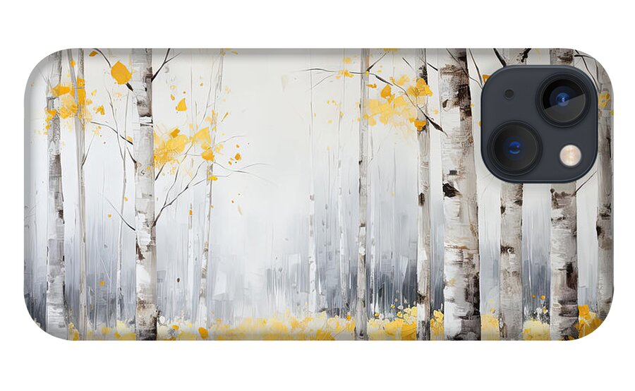 Yellow iPhone 13 Case featuring the painting Yellow and Gray Birch Trees by Lourry Legarde