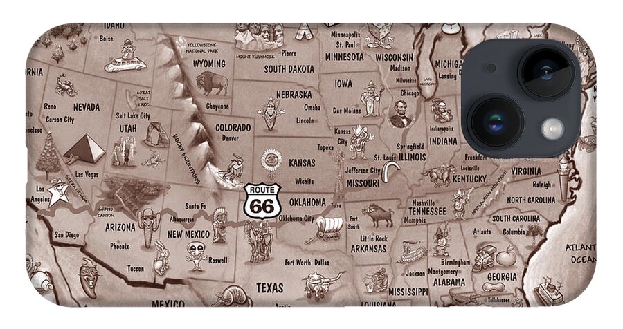 Route 66 iPhone 14 Case featuring the painting Historic Route 66 Cartoon Map by Kevin Middleton