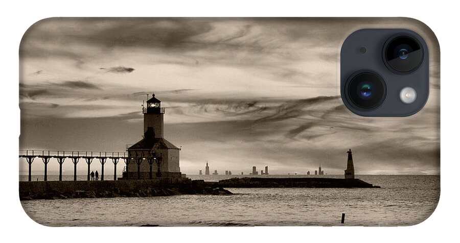 Lighthouse iPhone 14 Case featuring the photograph Sunset Walk at Michigan City #1 by Brett Maniscalco