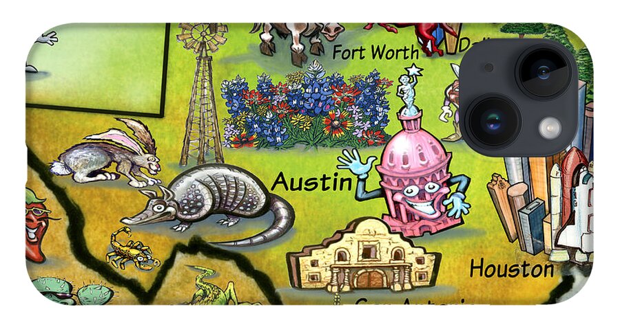 Texas iPhone 14 Case featuring the digital art Texas Cartoon Map #2 by Kevin Middleton