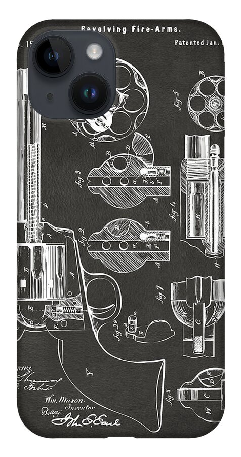 Colt Peacemaker iPhone 14 Case featuring the digital art 1875 Colt Peacemaker Revolver Patent Artwork - Gray by Nikki Marie Smith