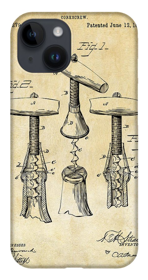 Corkscrew iPhone 14 Case featuring the digital art 1883 Wine Corckscrew Patent Art - Vintage Black by Nikki Marie Smith