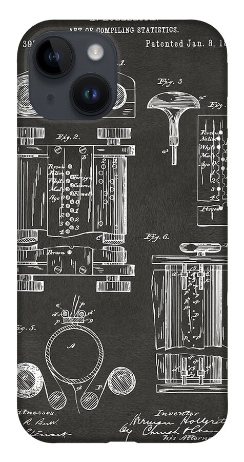 First Computer iPhone 14 Case featuring the digital art 1889 First Computer Patent Gray by Nikki Marie Smith