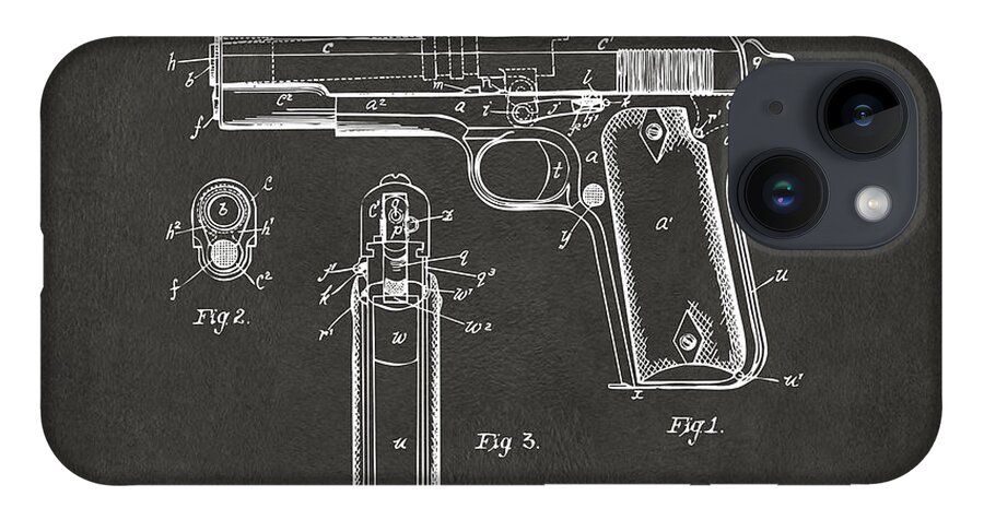 Colt 45 iPhone 14 Case featuring the digital art 1911 Browning Firearm Patent Artwork - Gray by Nikki Marie Smith