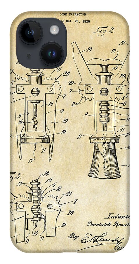 Corkscrew iPhone 14 Case featuring the digital art 1928 Cork Extractor Patent Art - Vintage Black by Nikki Marie Smith