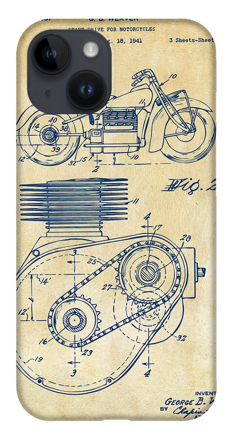 Indian Motorcycle iPhone 14 Case featuring the digital art 1941 Indian Motorcycle Patent Artwork - Vintage by Nikki Marie Smith