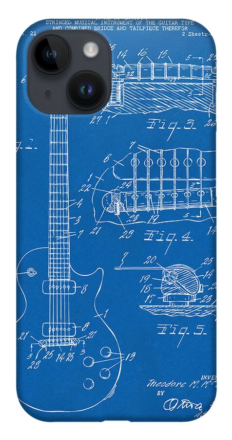 Guitar iPhone 14 Case featuring the digital art 1955 McCarty Gibson Les Paul Guitar Patent Artwork Blueprint by Nikki Marie Smith