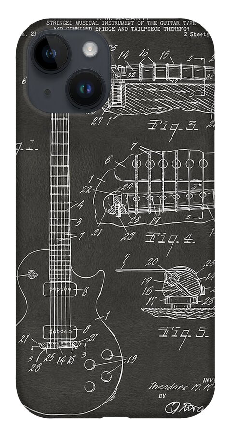Guitar iPhone 14 Case featuring the digital art 1955 McCarty Gibson Les Paul Guitar Patent Artwork - Gray by Nikki Marie Smith