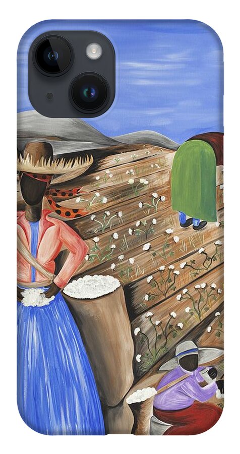 Gullah Art iPhone 14 Case featuring the painting Cotton Pickin' Cotton by Patricia Sabreee