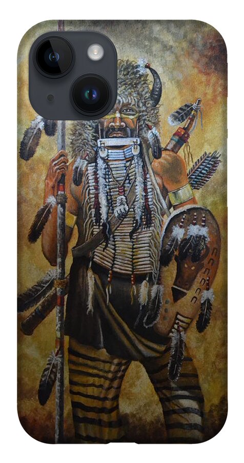 A Portrait Of Two Crows A Cheyenne Warrior Who Fought Against The 7th Cavalary. He Is Wearing His Buffalo Hat And Has Is Spear iPhone 14 Case featuring the painting Two Crows by Martin Schmidt