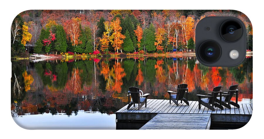 Lake iPhone 14 Case featuring the photograph Wooden dock with chairs on autumn lake by Elena Elisseeva