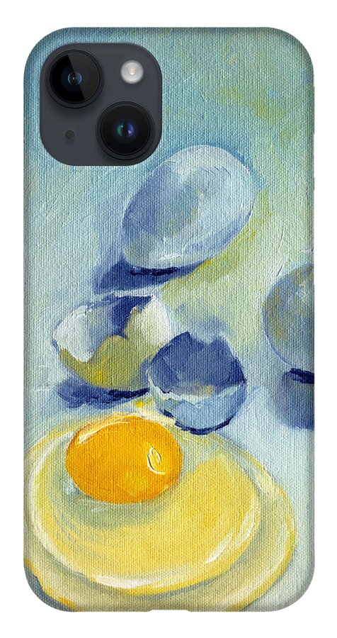 Eggs iPhone 14 Case featuring the painting 3 Eggs on Blue by Katherine Miller