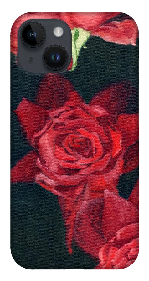 Crimson iPhone 14 Case featuring the painting 3 Roses Red by Katherine Miller