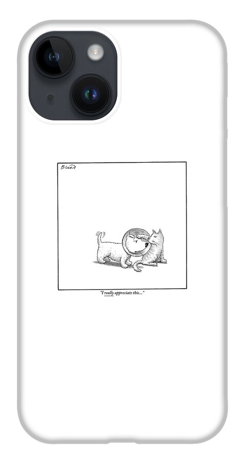 A Dog With A Neck Cone Is Having His Head iPhone 14 Case