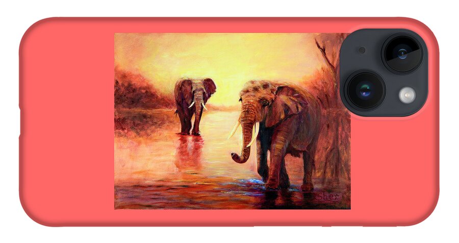 African Elephants iPhone Case featuring the painting African Elephants at Sunset in the Serengeti by Sher Nasser