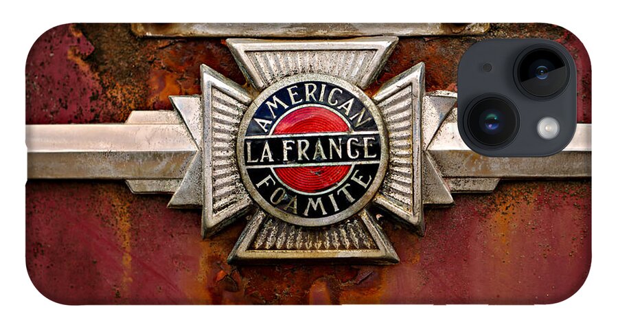 Fire Truck iPhone 14 Case featuring the photograph American LaFrance Foamite Badge by Mary Jo Allen