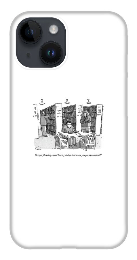 An Aged Librarian Speaks To A Man Reading A Book iPhone 14 Case