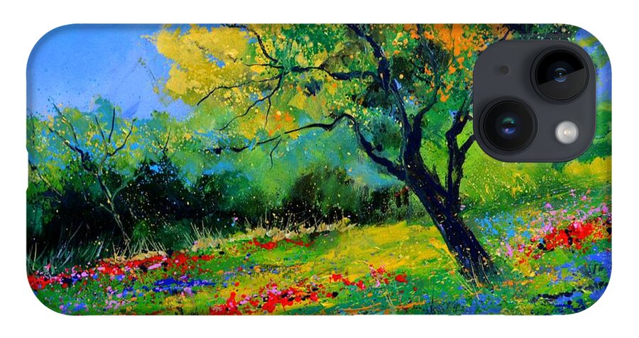 Landscape iPhone 14 Case featuring the painting An oak amid flowers in Texas by Pol Ledent