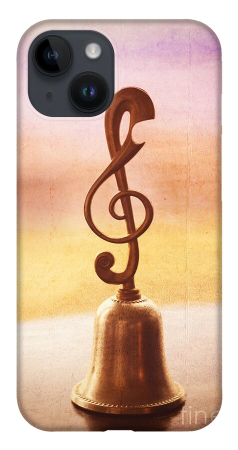 Handbell iPhone 14 Case featuring the photograph Antique Copper Handbell with G-Clef Handle by Beverly Claire Kaiya