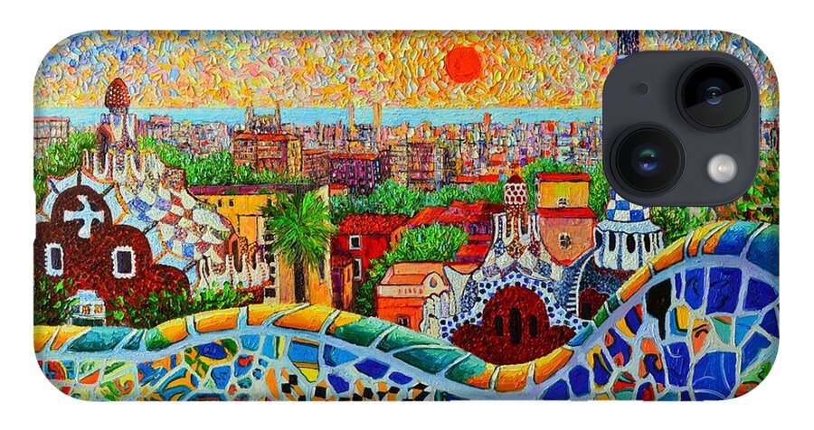 Barcelona iPhone 14 Case featuring the painting Barcelona View At Sunrise - Park Guell Of Gaudi by Ana Maria Edulescu