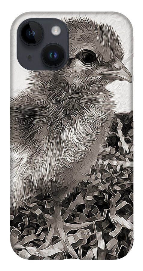 Chicken iPhone 14 Case featuring the mixed media Black and White baby chicken by Pamela Walton
