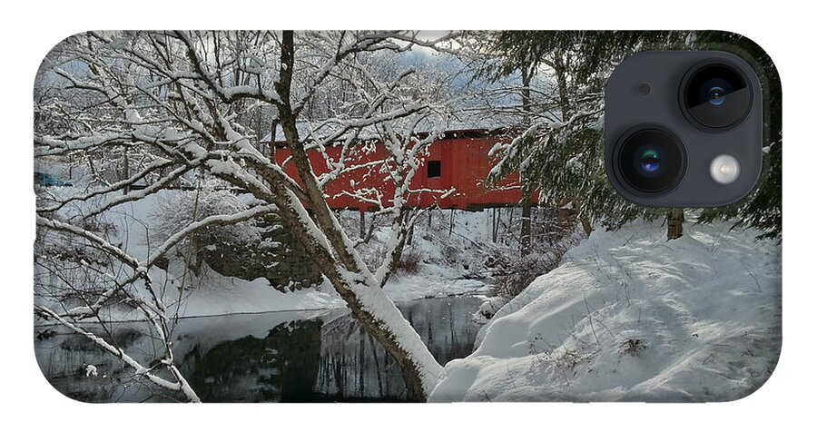 Slaughthouse Covered Bridge iPhone 14 Case featuring the photograph Blanket of white covers the Slaughterhouse covered bridge by Jeff Folger
