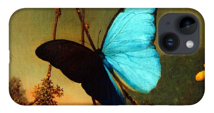 Martin Johnson Heade iPhone 14 Case featuring the painting Blue Morpho Butterfly by Martin Johnson Heade