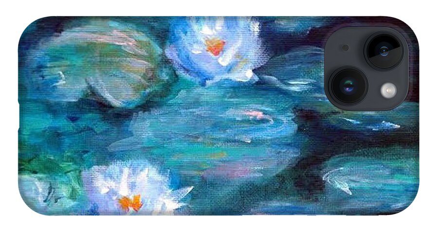 Blue iPhone 14 Case featuring the painting Blue Water Lilies by Lauren Heller