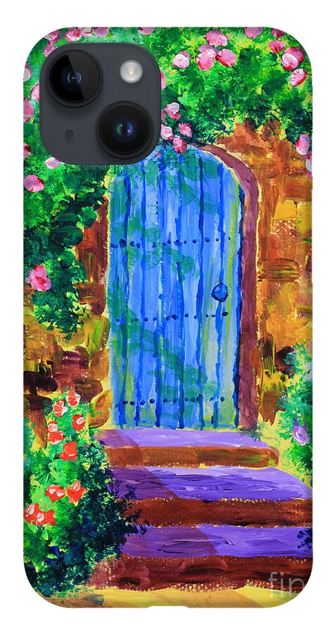 Blue Door iPhone Case featuring the painting Blue Wooden Door to Secret Rose Garden by Beverly Claire Kaiya