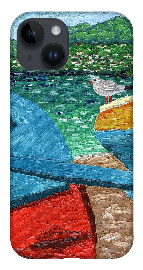 Seascape iPhone 14 Case featuring the painting Boats and Bird at Rest by Laura Forde
