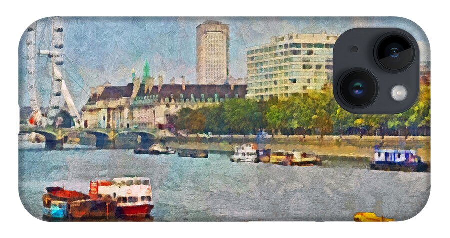 London Eye iPhone 14 Case featuring the digital art Boats on the River Thames and The London Eye by Digital Photographic Arts