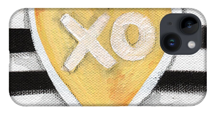 Love Heart Valentine Romance Stripes Black White Yellow Grey Pop Art Contemporary Art Watercolor Ink Painting Xo Family Friend Wife Husband Bedroom Art Kitchen Art Living Room Art Gallery Wall Art Art For Interior Designers Hospitality Art Set Design Wedding Gift Art By Linda Woodspillow iPhone 14 Case featuring the painting Bold Love by Linda Woods