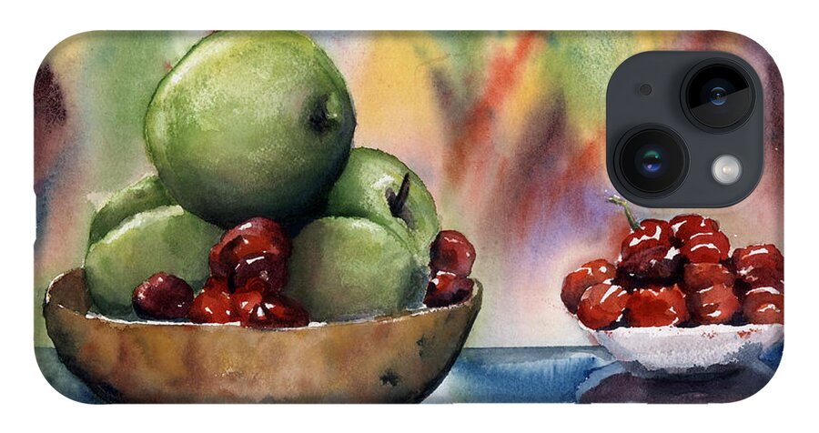 Apples And Cherries iPhone 14 Case featuring the painting Apples in a Wooden Bowl With Cherries on the Side by Maria Hunt