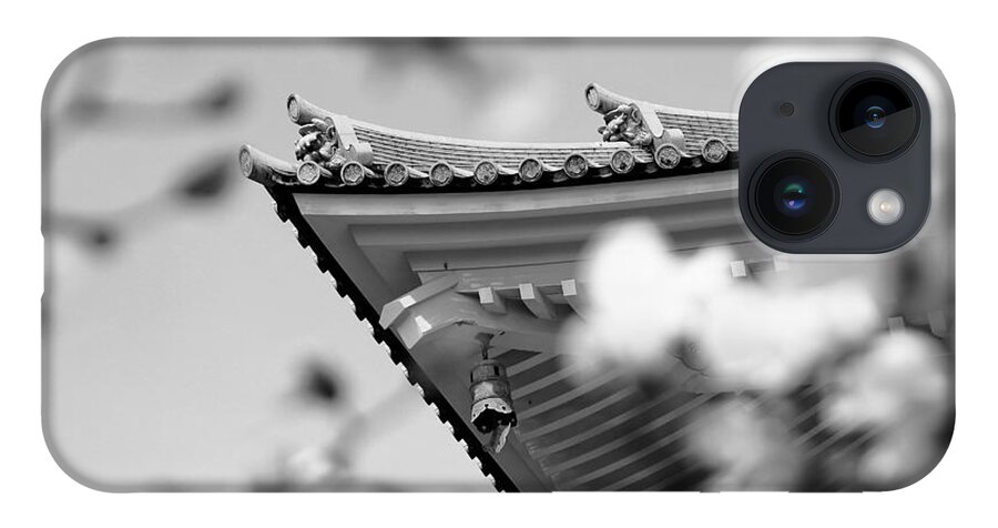 Roof iPhone 14 Case featuring the photograph Buddhist Temple in Black and White - Roof Tile Details by Beverly Claire Kaiya