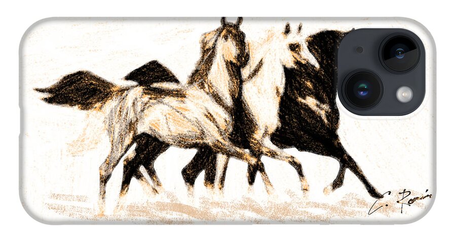 Charcoal iPhone 14 Case featuring the digital art Charcoal Horses by Charlie Roman