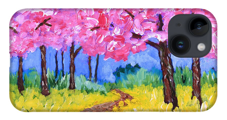 Sakura iPhone Case featuring the painting Cherry Trees and Field Mustard After the Rain Acrylic Painting by Beverly Claire Kaiya