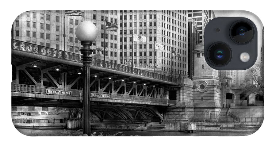 Chicago iPhone 14 Case featuring the photograph Chicago IL - DuSable Bridge built in 1920 - BW by Mike Savad